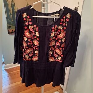 Floreat Navy Blouse with Floral Embroidery